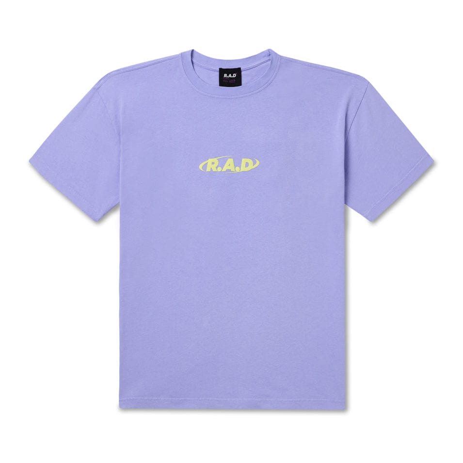 Lavender t-shirt with green lettering.