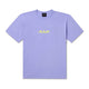 Lavender t-shirt with green lettering.