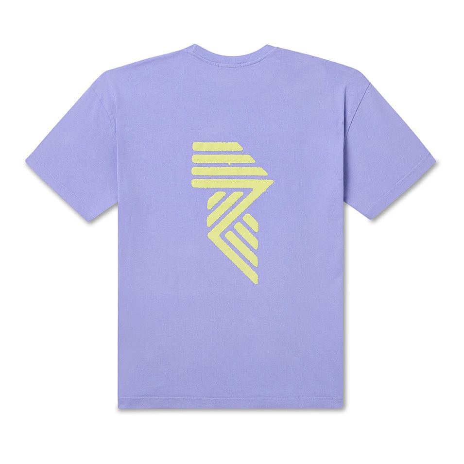Lavender t-shirt with geometric design.