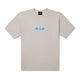 Beige t-shirt with blue logo.