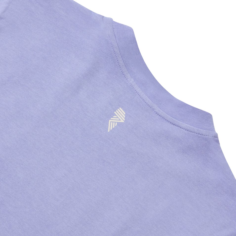 Lavender t-shirt with a small logo.