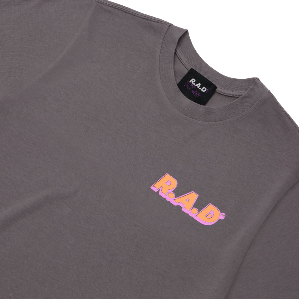 Gray t-shirt with pink logo.