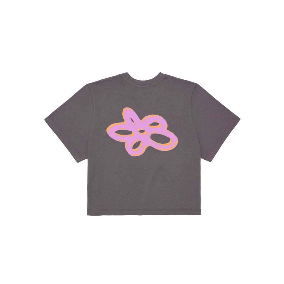 Gray t-shirt with pink and orange abstract design.