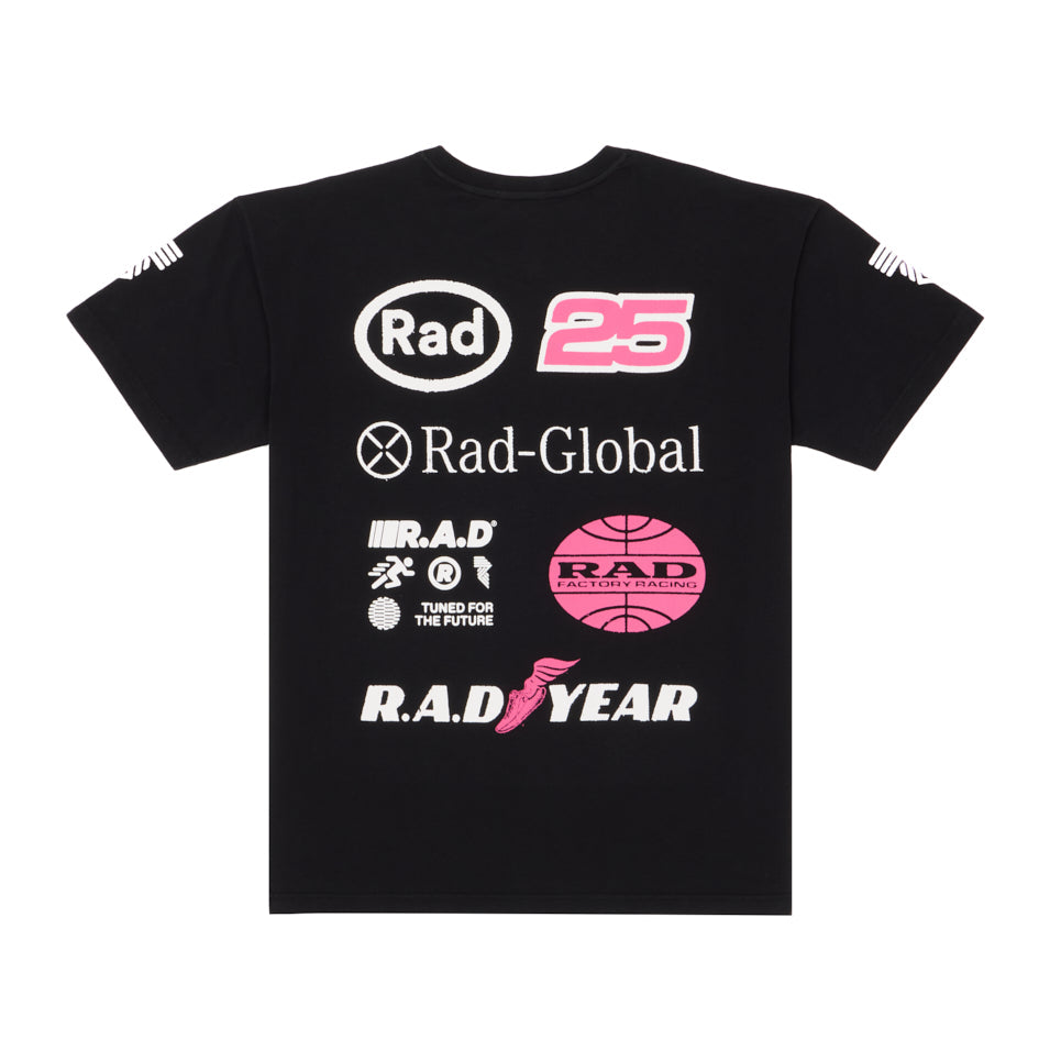Black t-shirt with graphic designs.