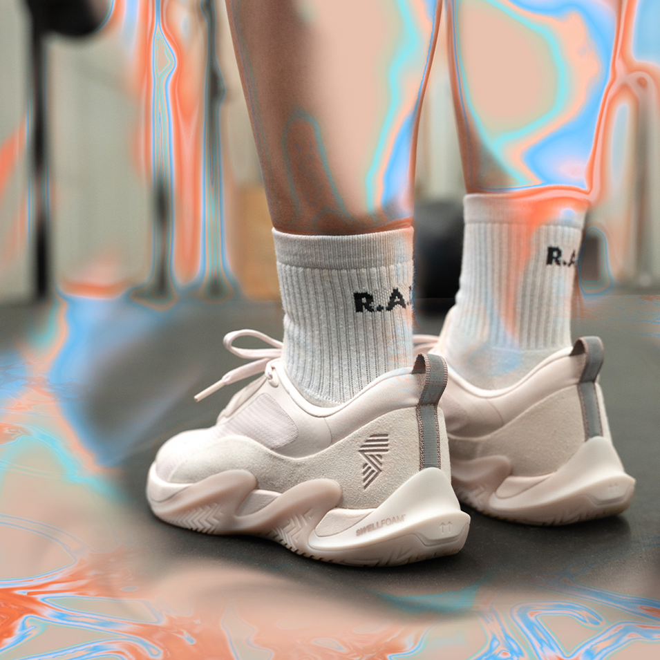 White athletic shoes with matching socks.