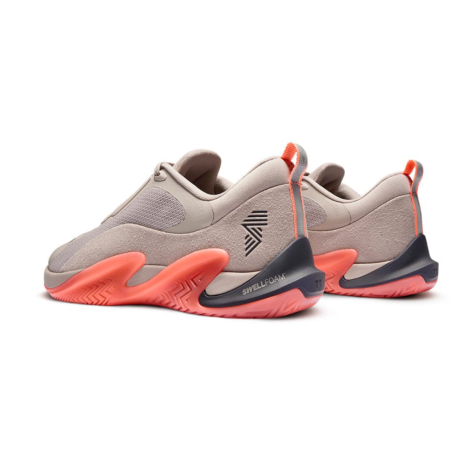 Beige and coral athletic shoes.
