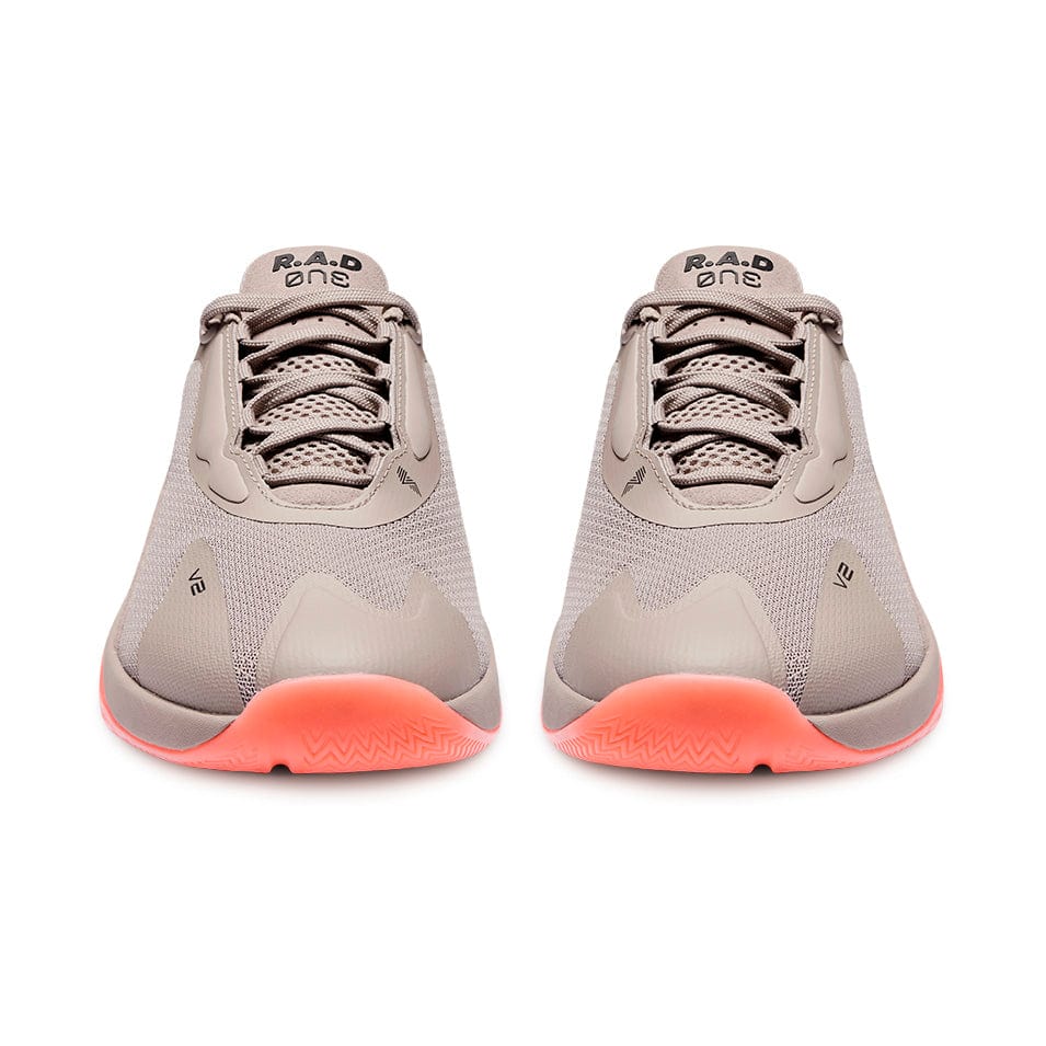 Pair of gray and coral athletic shoes for R.A.D® ONE V2 Dust Orange product display