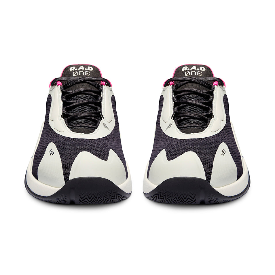 Pair of black and white athletic shoes.