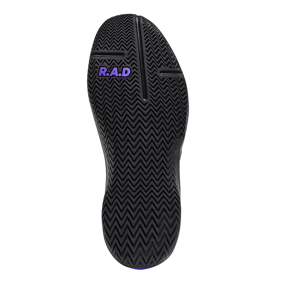 Black shoe sole with purple lettering from R.A.D® ONE V2 PANDA PURPLE collection