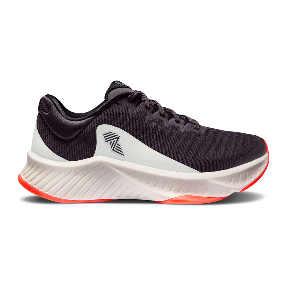 Black and white R.A.D R-1 BLACK GLOW running shoe with orange sole for athletic performance