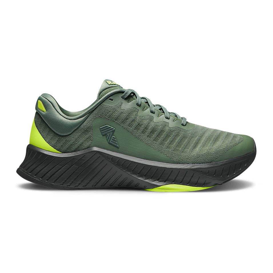 Green running shoe with black sole.