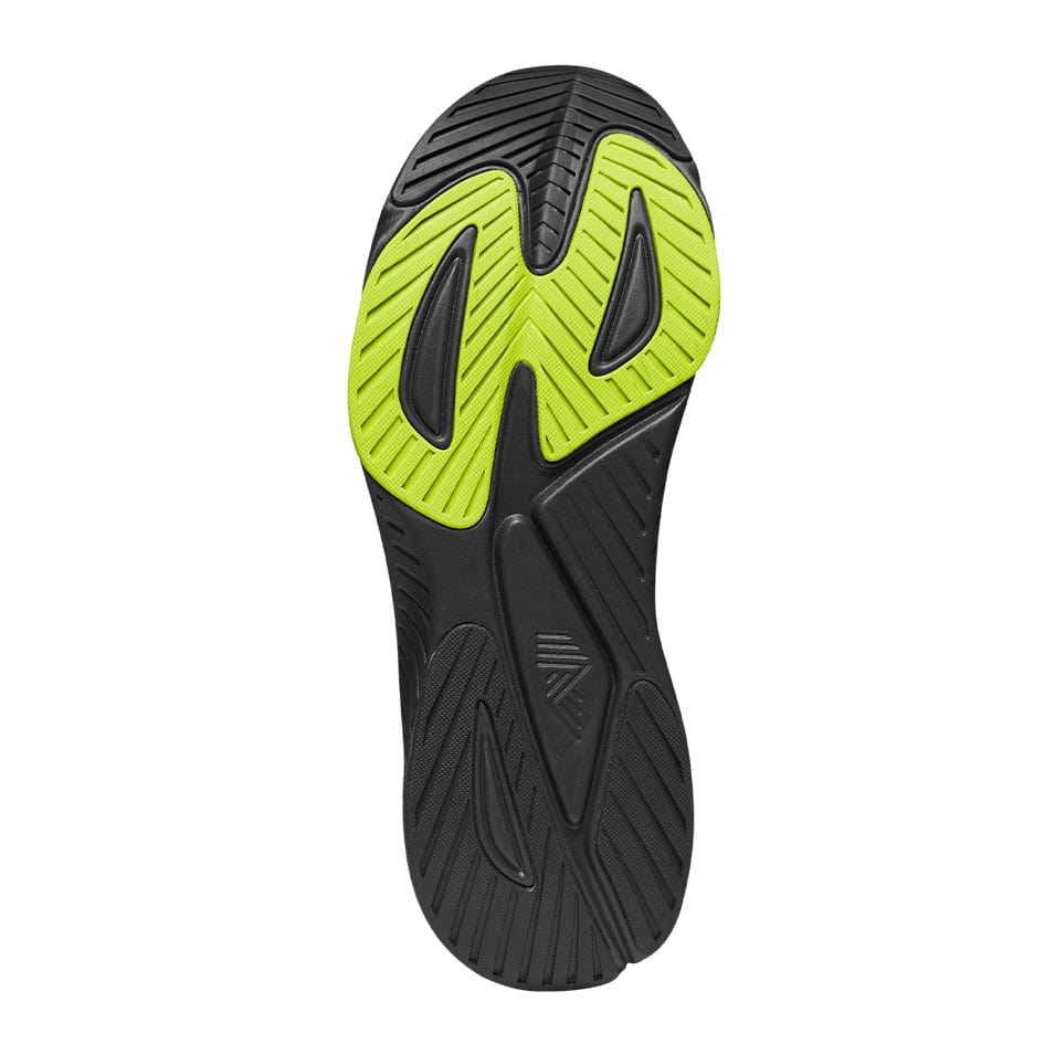 Black and lime green shoe sole of R.A.D R-1 GREEN FLASH product displayed clearly