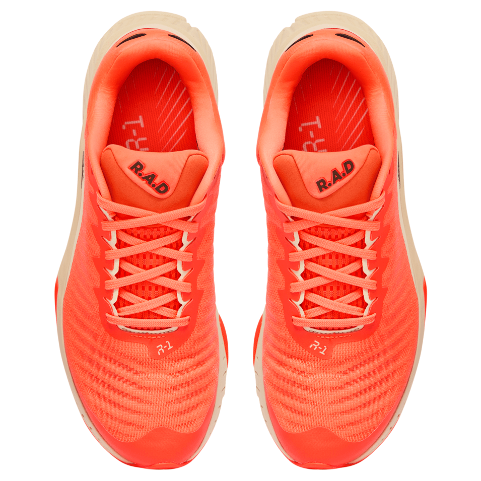 Pair of R.A.D R-1 SWEET ORANGE running shoes in vibrant orange color