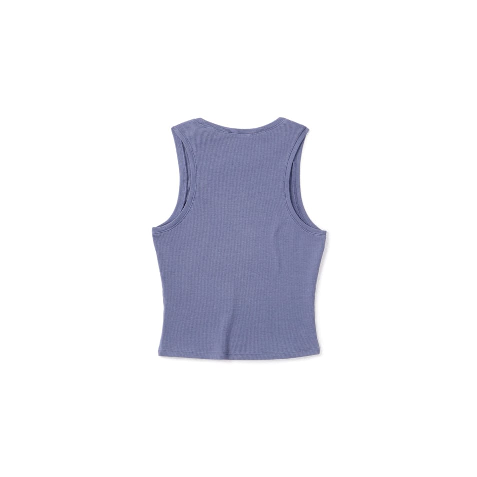 Sleeveless periwinkle top.