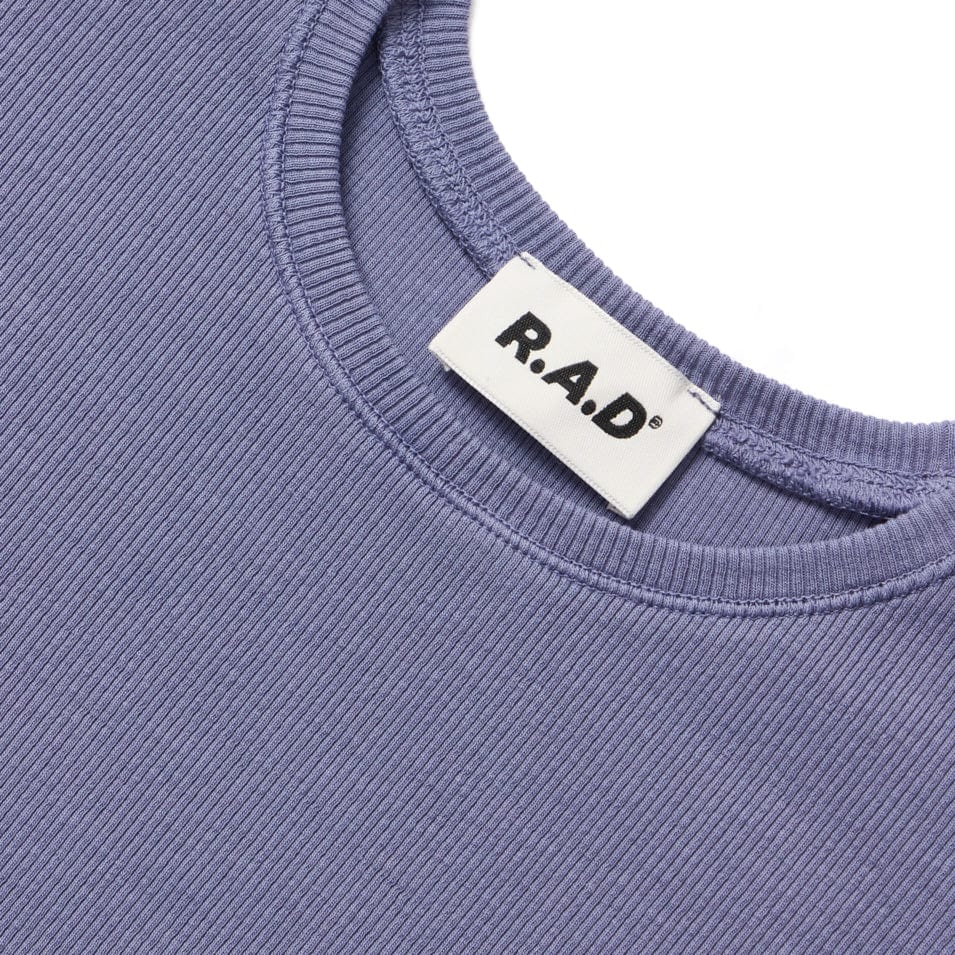 Periwinkle ribbed knit top.