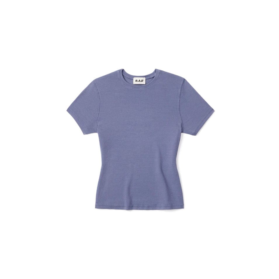 Periwinkle short-sleeved t-shirt.