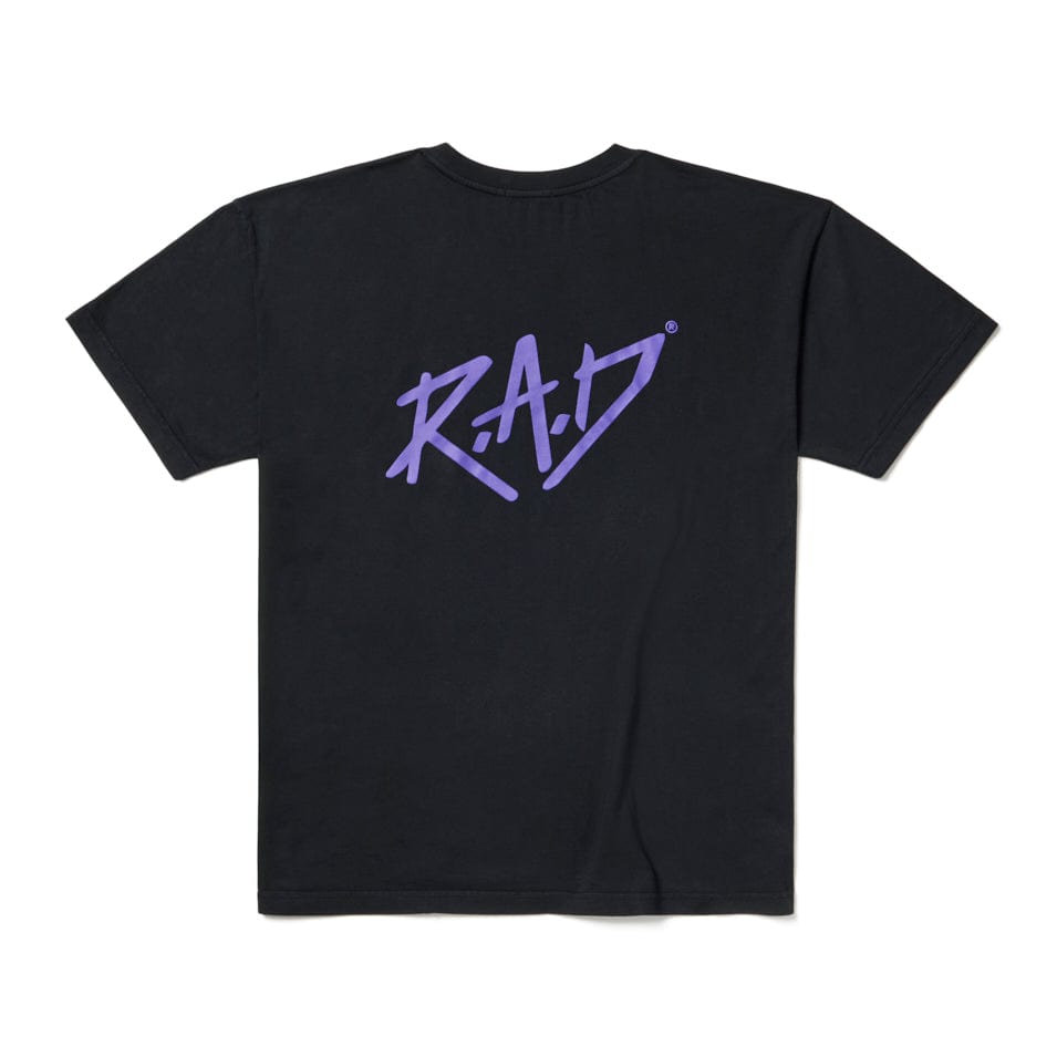 Black t-shirt with purple ’R.A.D’ graphic.