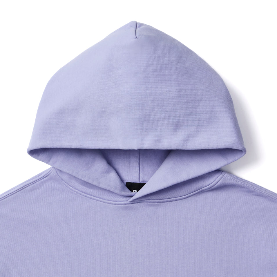 Lavender-colored hooded sweatshirt.