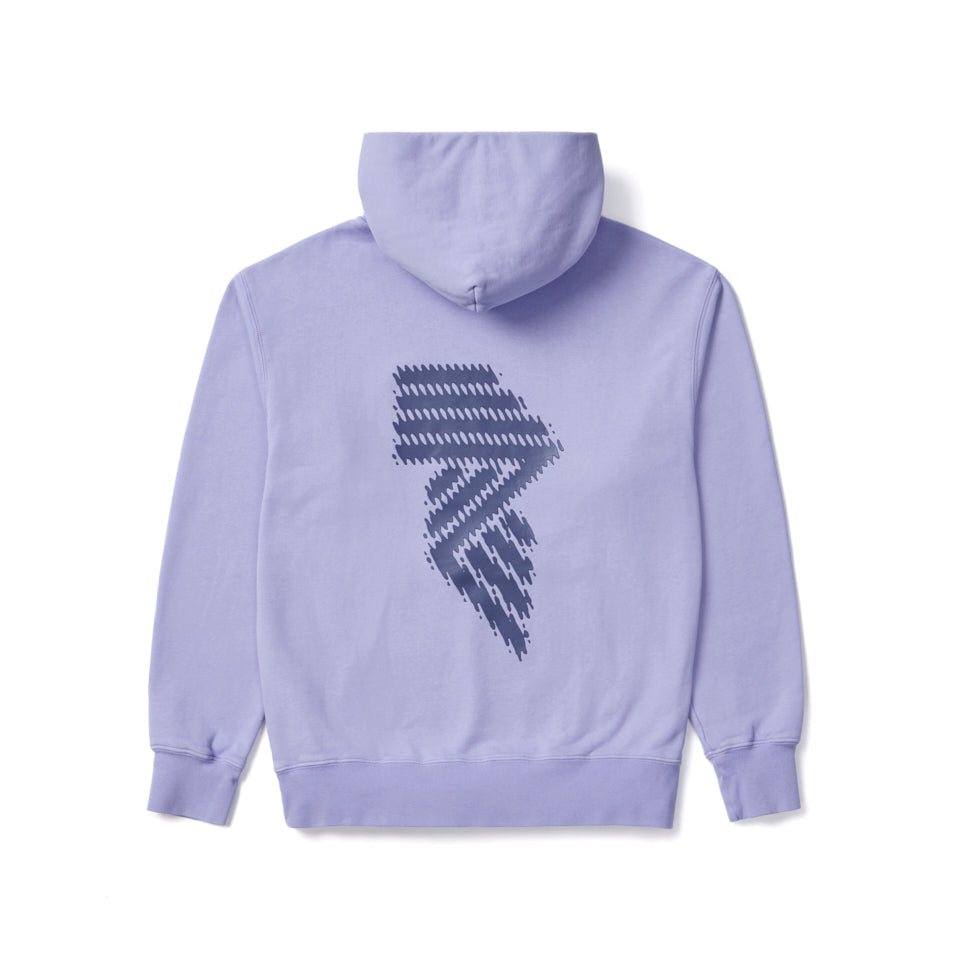 Lavender hoodie with a geometric design on the back.