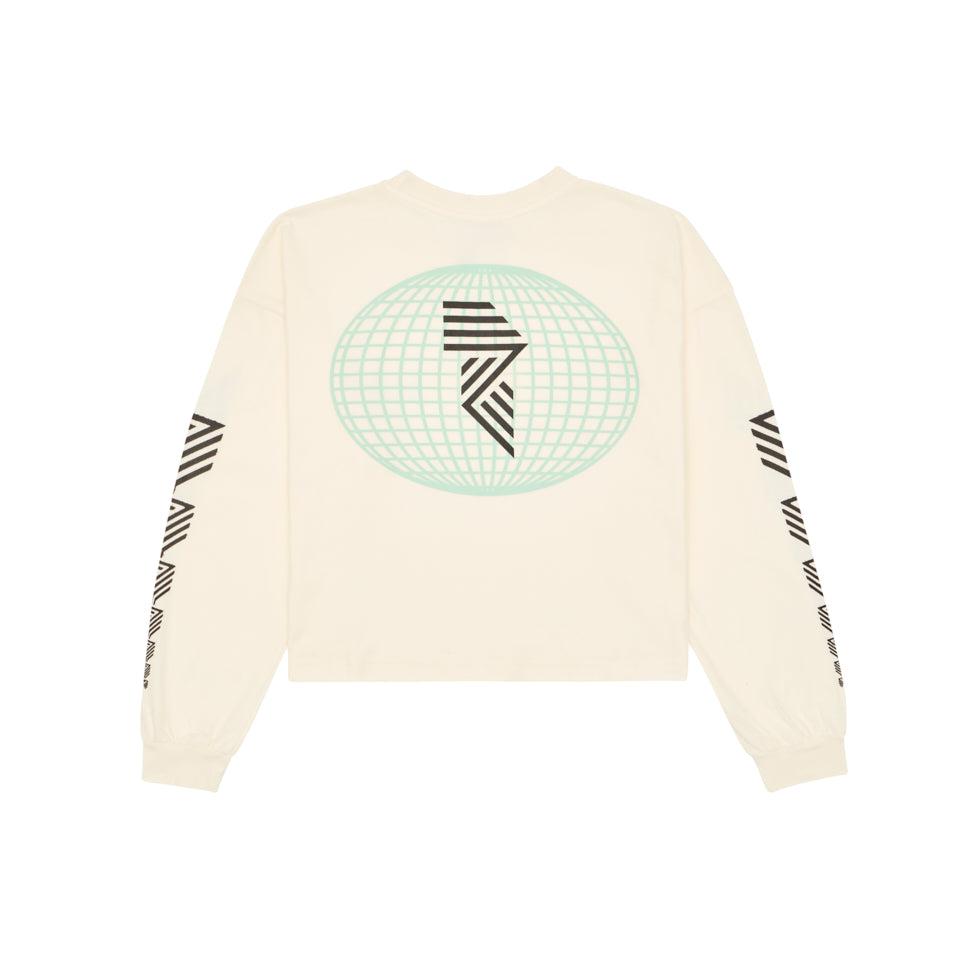 LONG SLEEVE GLOBE CROP TEE OFF WHITE at R.A.D® - Performance Long Sleeve Tees . GLOBESWOMENSLS_TOFU_0325-HSGL1OW_B