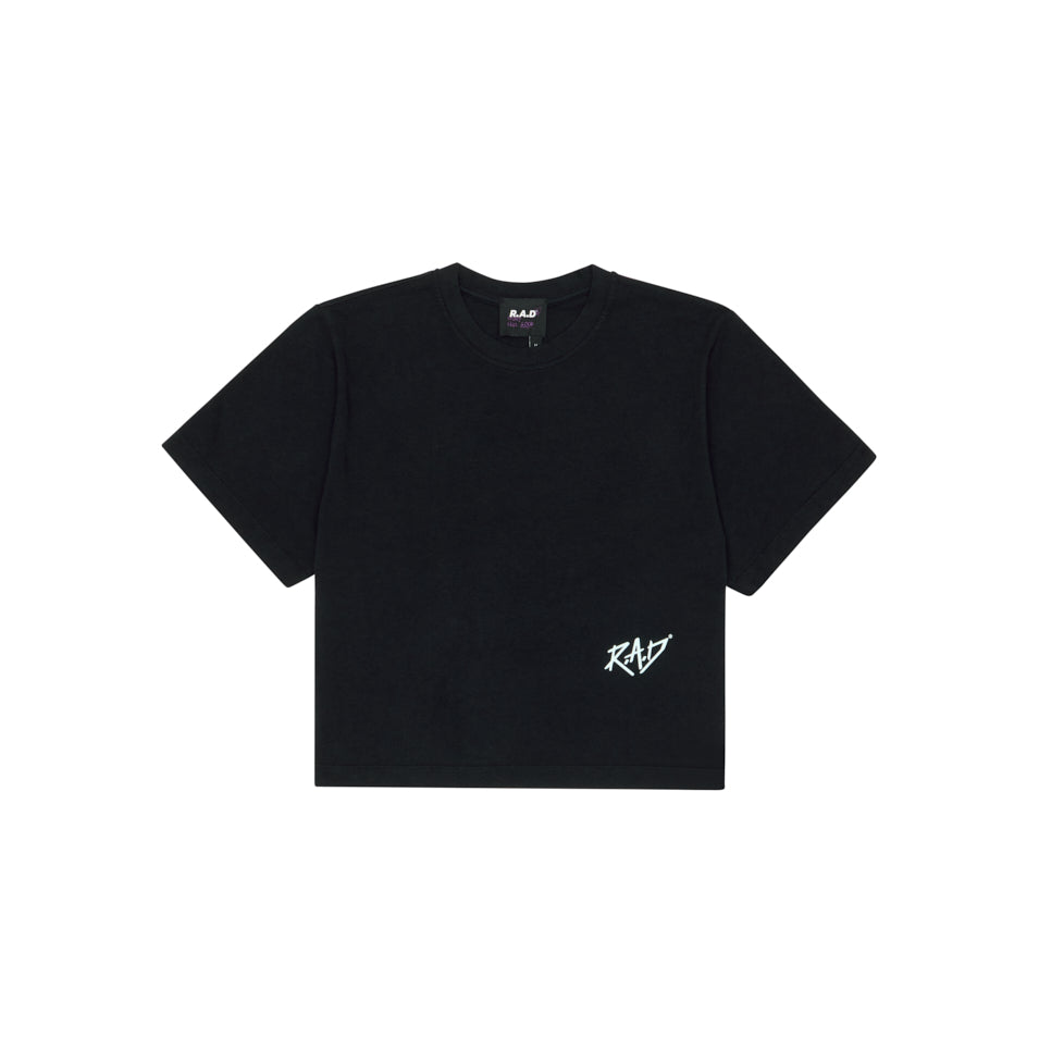 GLOBE CROP TEE BLACK at R.A.D® - Performance Crop Tee . SKETCHGLOBECROP_BLACK_A