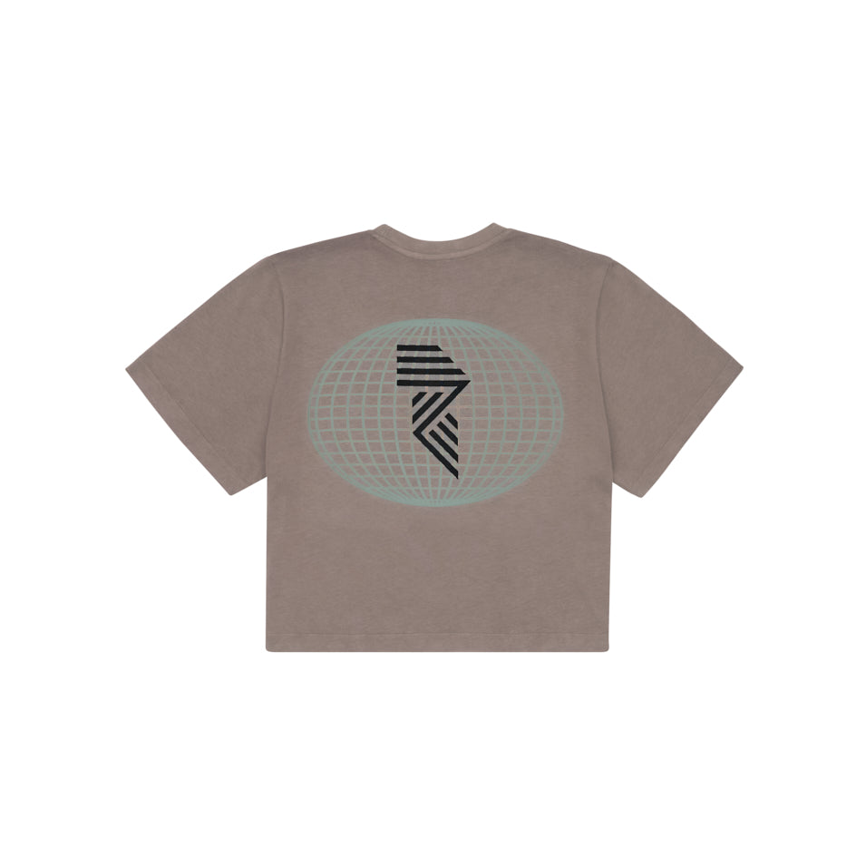 GLOBE CROP TEE CINDER at R.A.D® - Performance Crop Tee . SKETCHGLOBECROP_CINDER_B