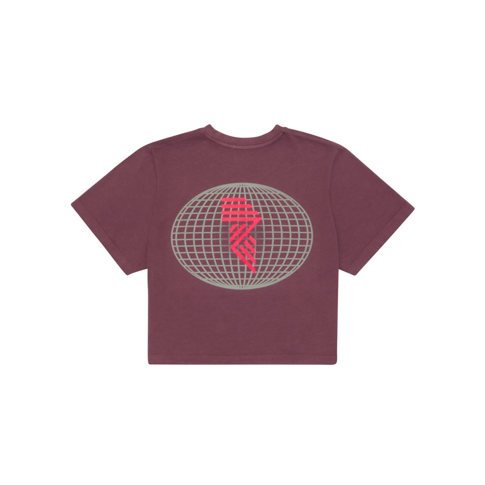 GLOBE CROP TEE PLUM at R.A.D® - Performance Crop Tee . SKETCHGLOBECROP_PLUMWINE_B — View 1