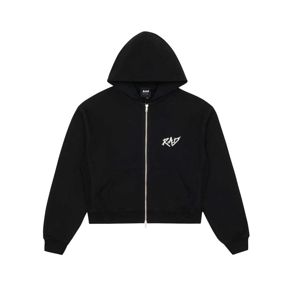 CROPPED ZIP SKETCH HOODIE BLACK at R.A.D® - Performance Sweats . WOMENSCROPPEDZIPHOODIE_BLACK_0425-CZHSKBL_A — View 1
