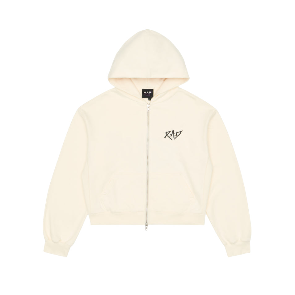 CROPPED ZIP SKETCH HOODIE OFF WHITE at R.A.D® - Performance Sweats . WOMENSCROPPEDZIPHOODIE_TOFU_0425-CZHSKOW_A — View 1