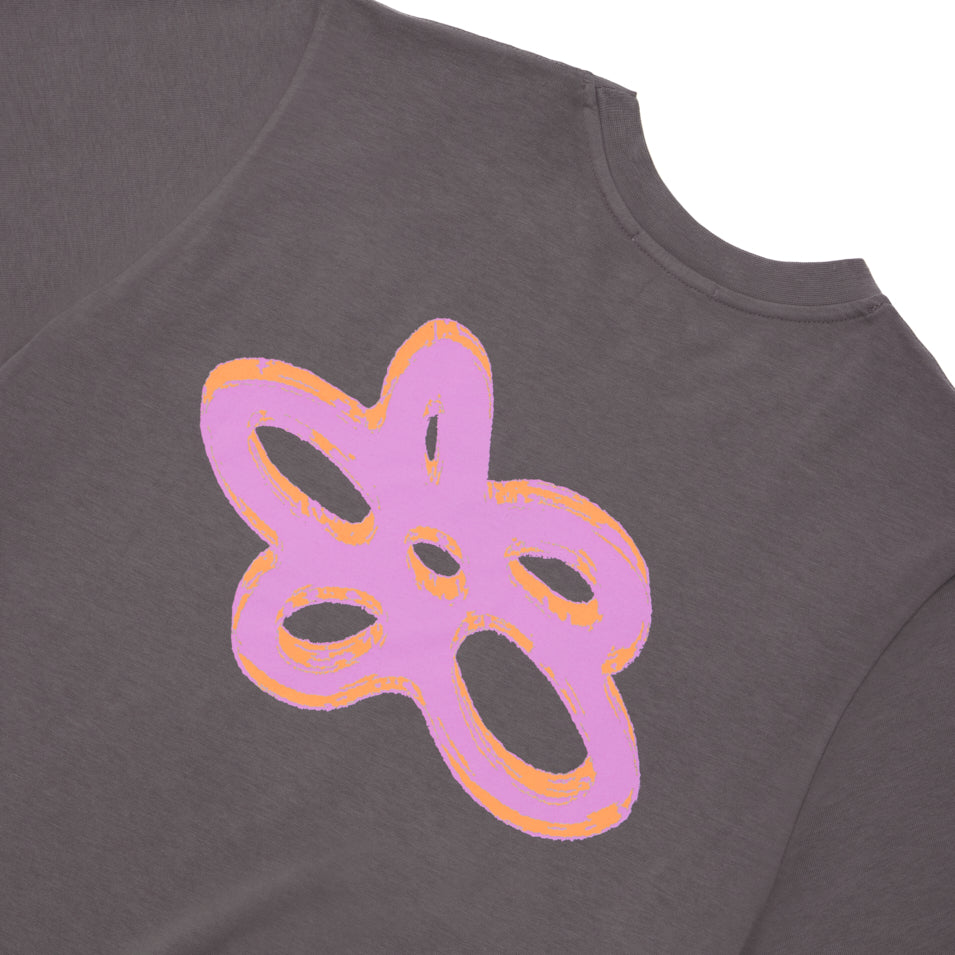 Gray shirt with pink and orange flower design.