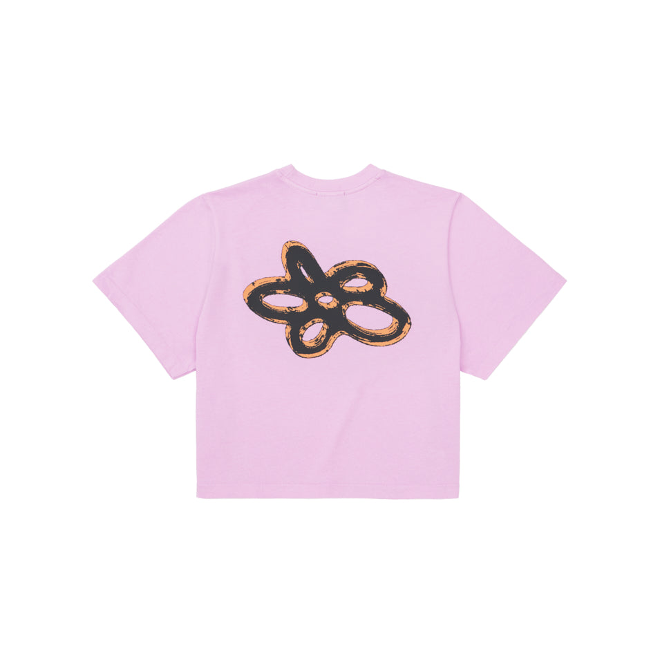 Pink t-shirt with abstract flower design.