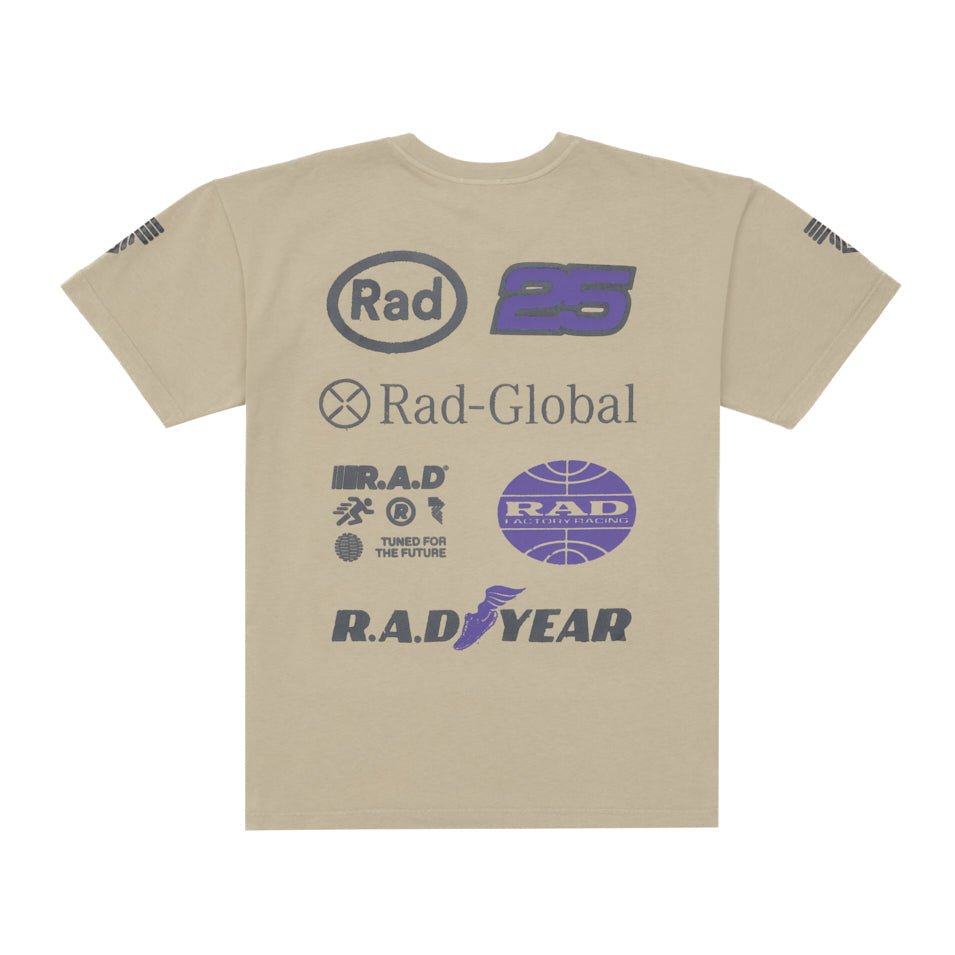 Tan t-shirt with graphic logos.