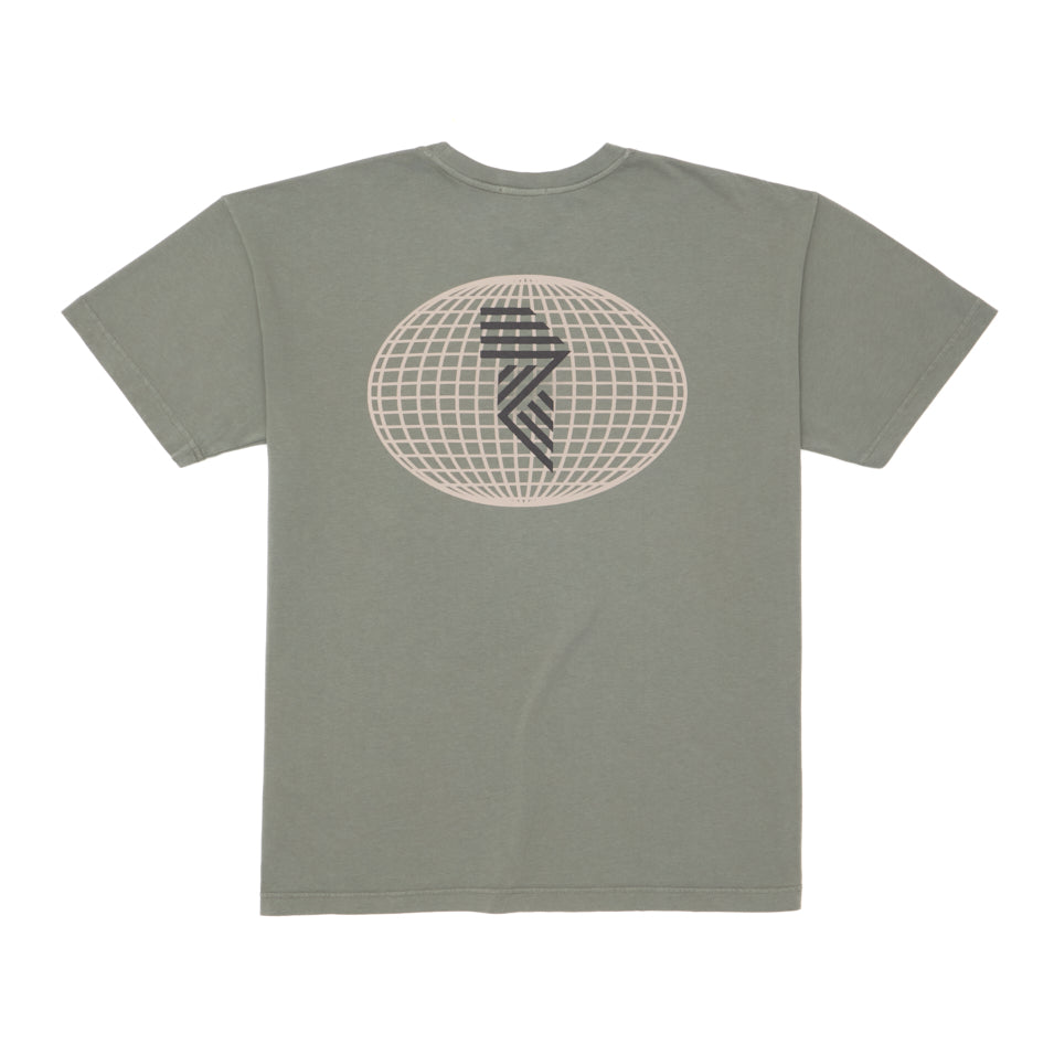 Olive green t-shirt with graphic.