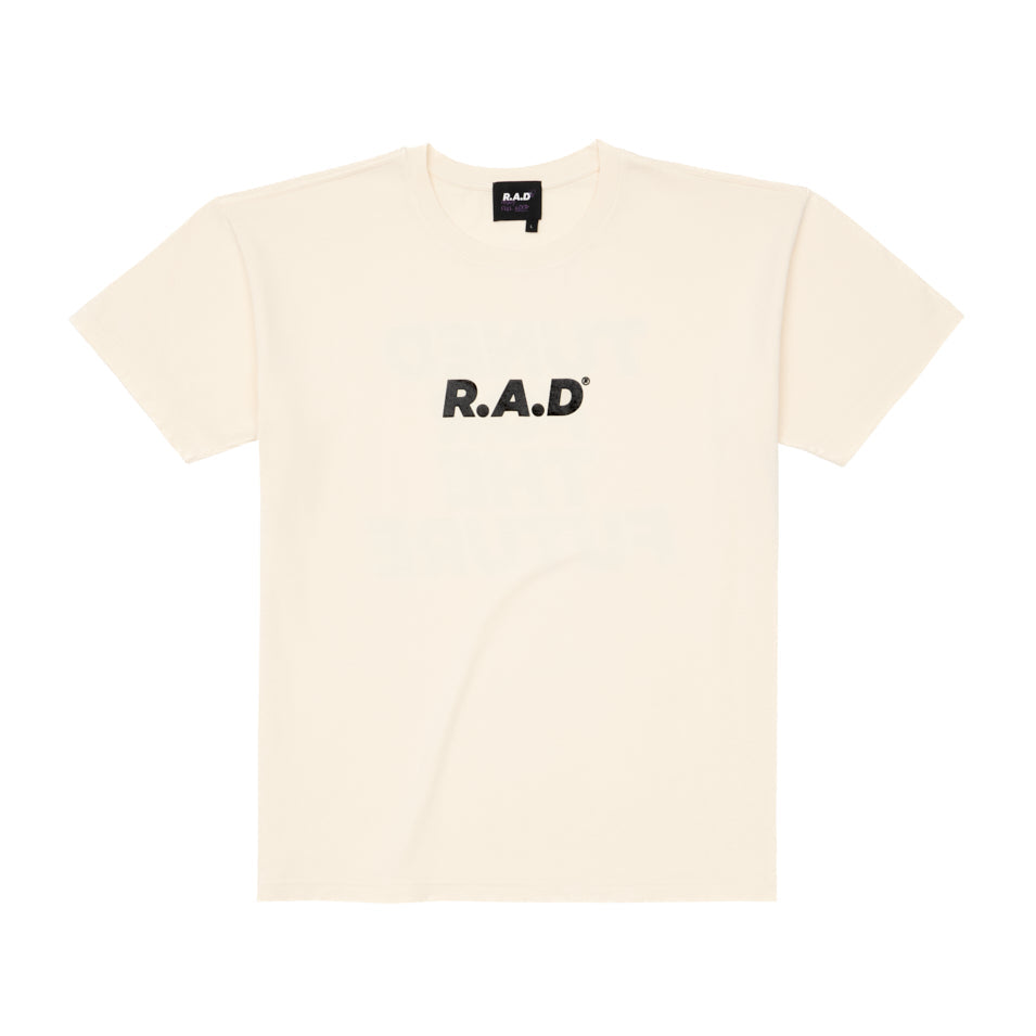 Cream-colored t-shirt with black lettering.