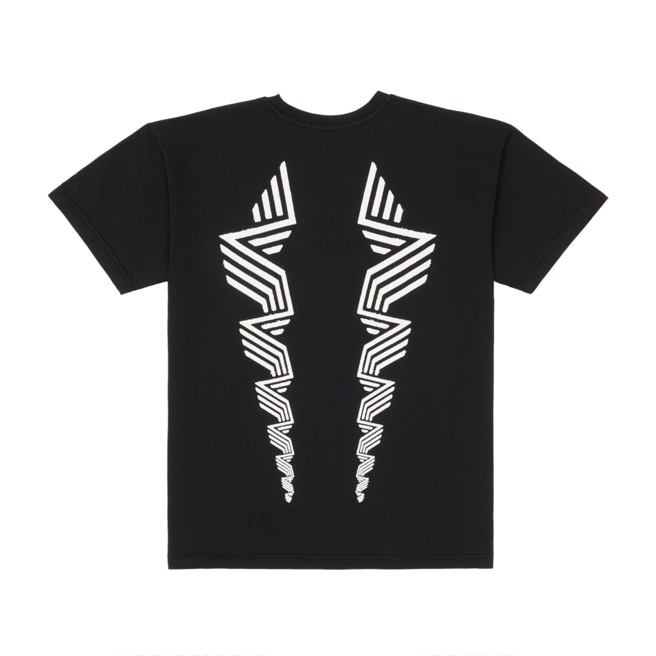 Black t-shirt with white geometric design.
