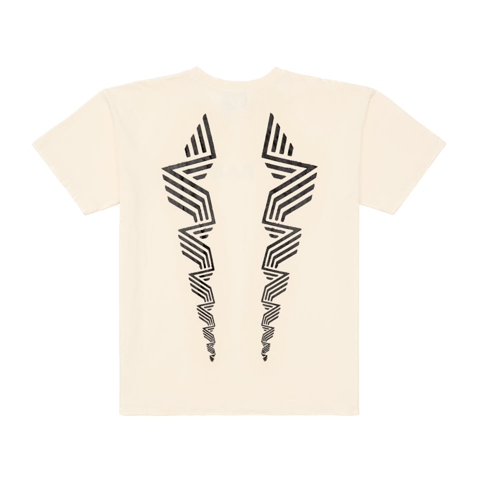 Cream-colored LAZER TEE OFF WHITE with geometric design displayed on a plain background