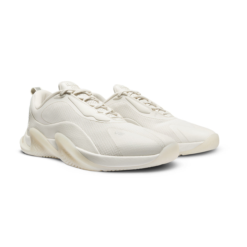 Off-white athletic sneakers.