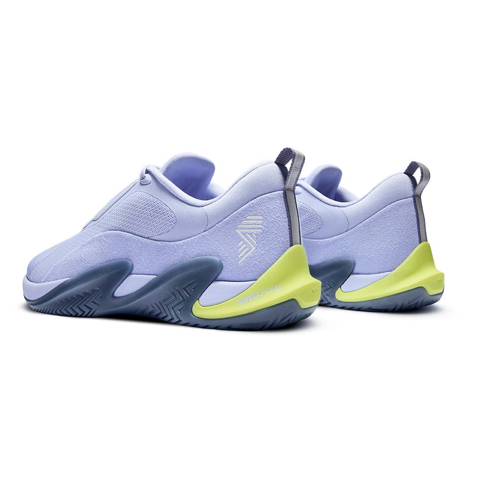 Lavender and chartreuse athletic shoes.