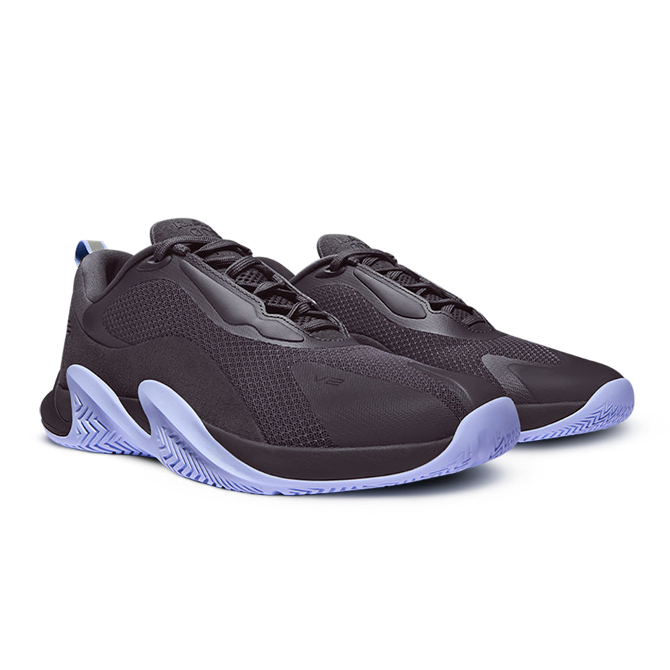 Pair of dark gray athletic shoes with light purple soles from R.A.D® ONE V2 BLACK TINT