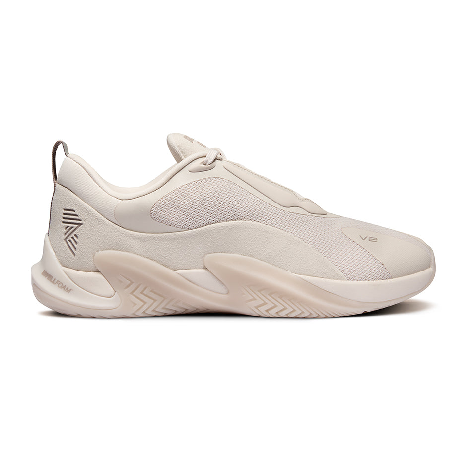 Beige athletic shoe named R.A.D® ONE V2 Crystal Gray displayed for product showcase
