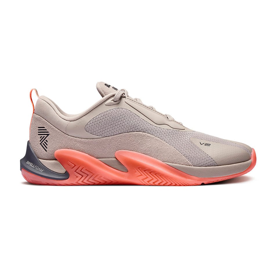 Gray and coral athletic shoe.