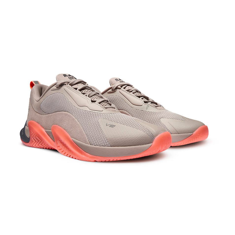 Beige and coral running shoes.