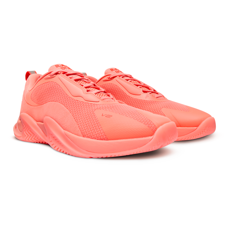 Salmon-colored athletic shoes.