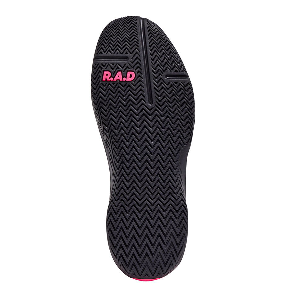Black shoe sole with pink lettering featuring Panda Pink R.A.D® ONE V2 PANDA PINK