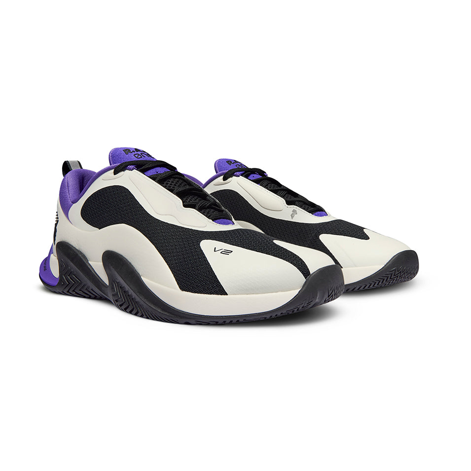 Black and white athletic shoes with purple accents from R.A.D® ONE V2 PANDA PURPLE