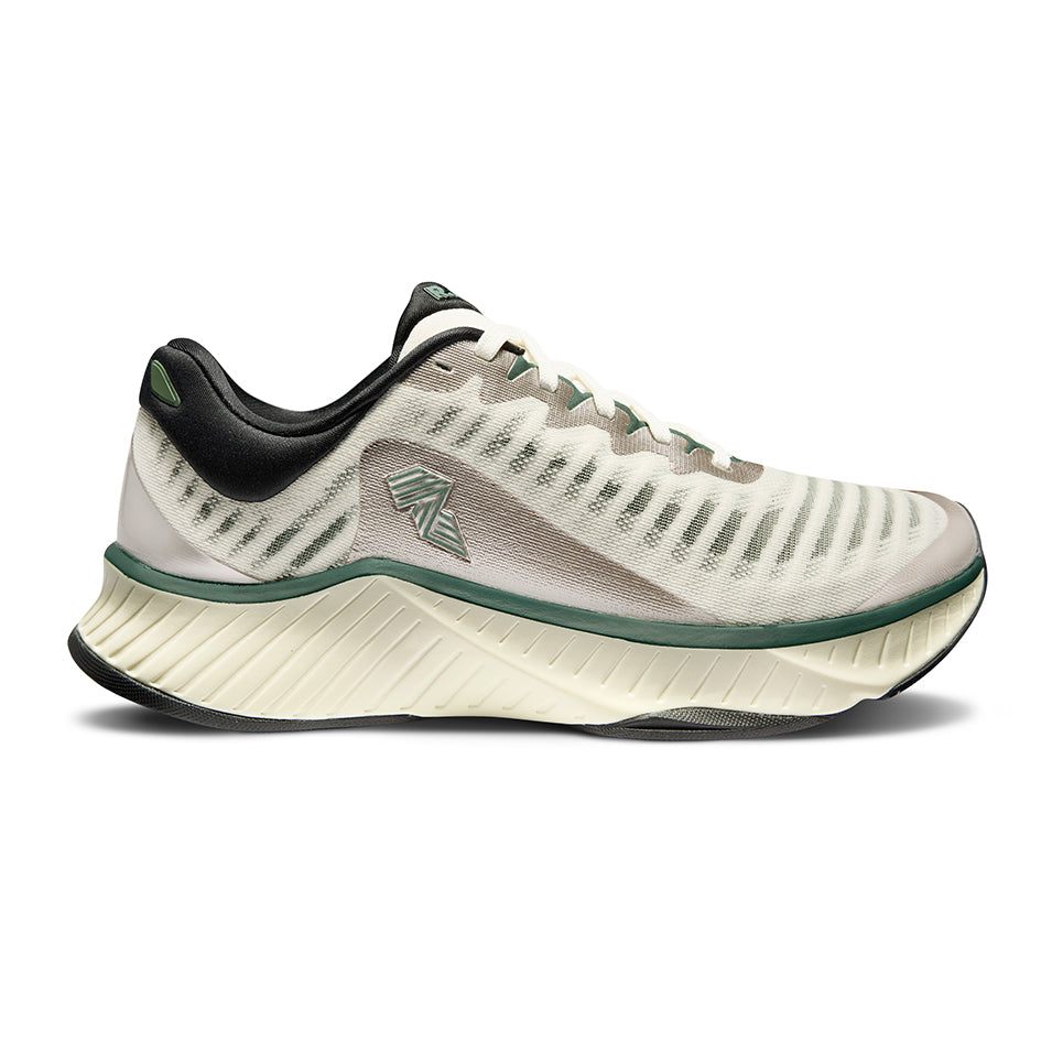 White and gray running shoe.