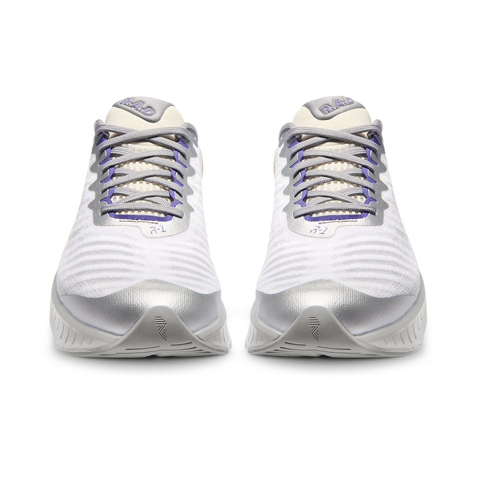 Pair of white and silver running shoes from R.A.D R-1 CLASSICS PURPLE CHROME collection
