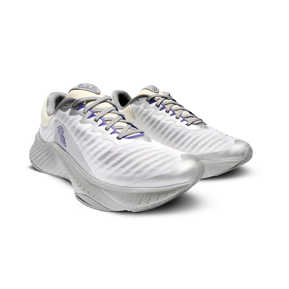White and gray running shoes.