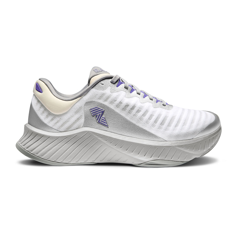 White and gray running shoe.