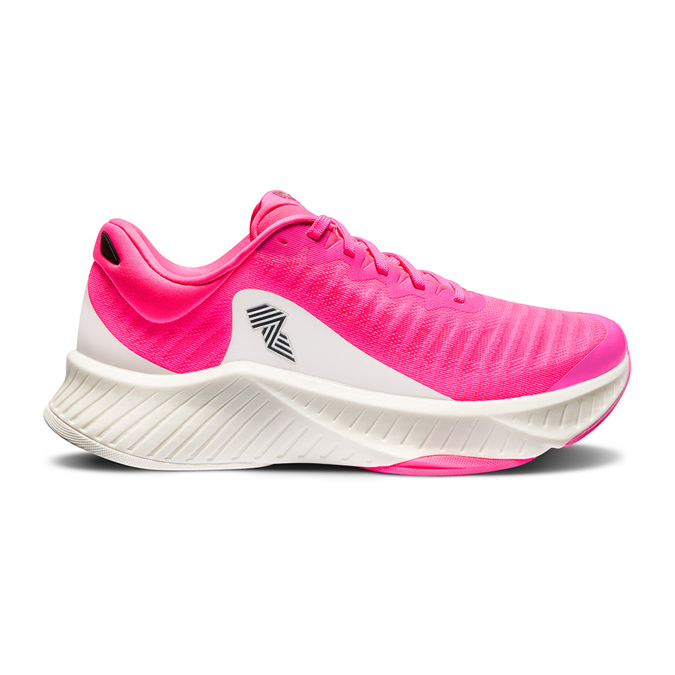 Bright pink running shoe.